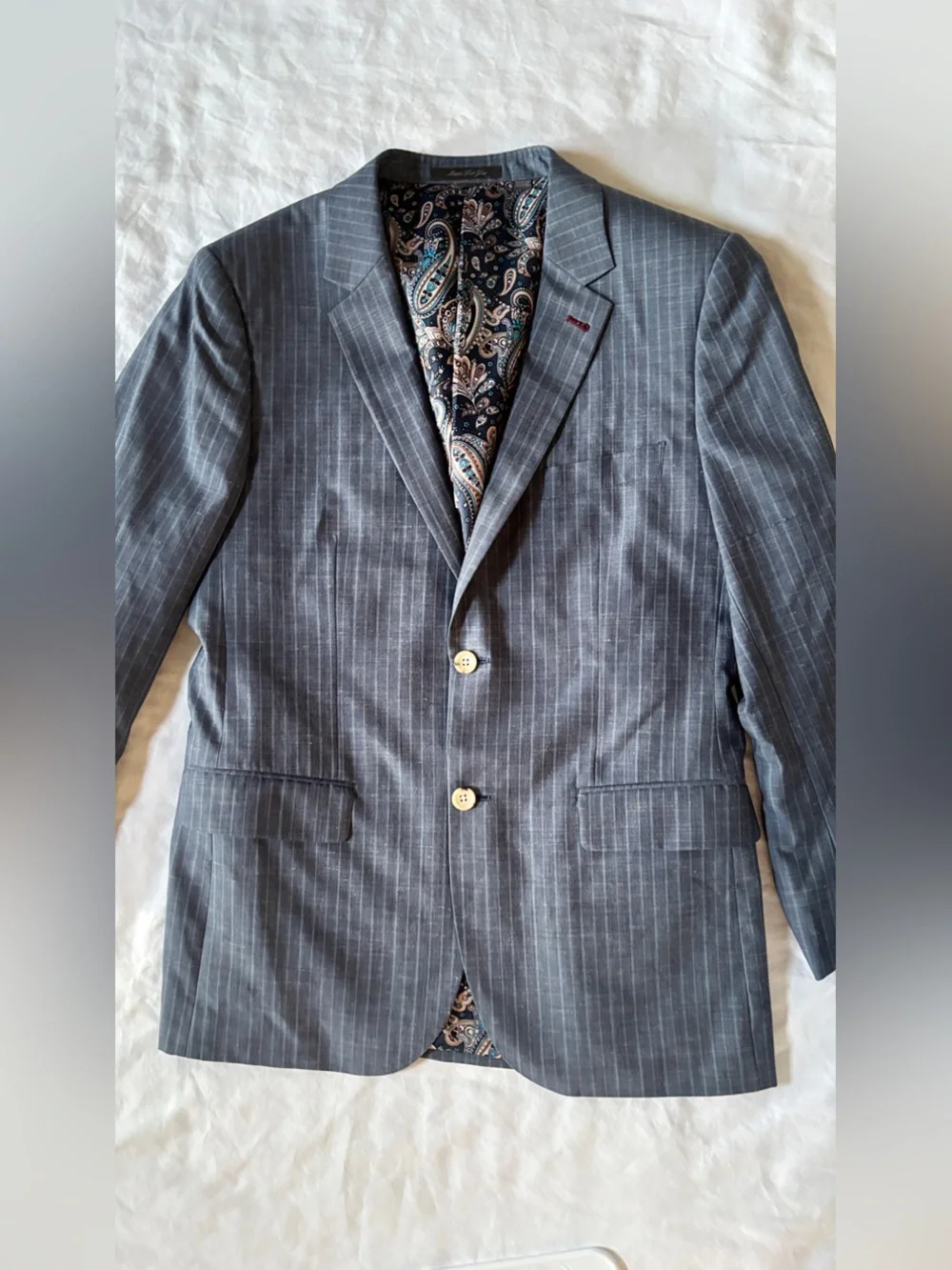 Indochino Made For You 42R Gray Pinstripe Wool Linen Silk Blazer Paisley Lined